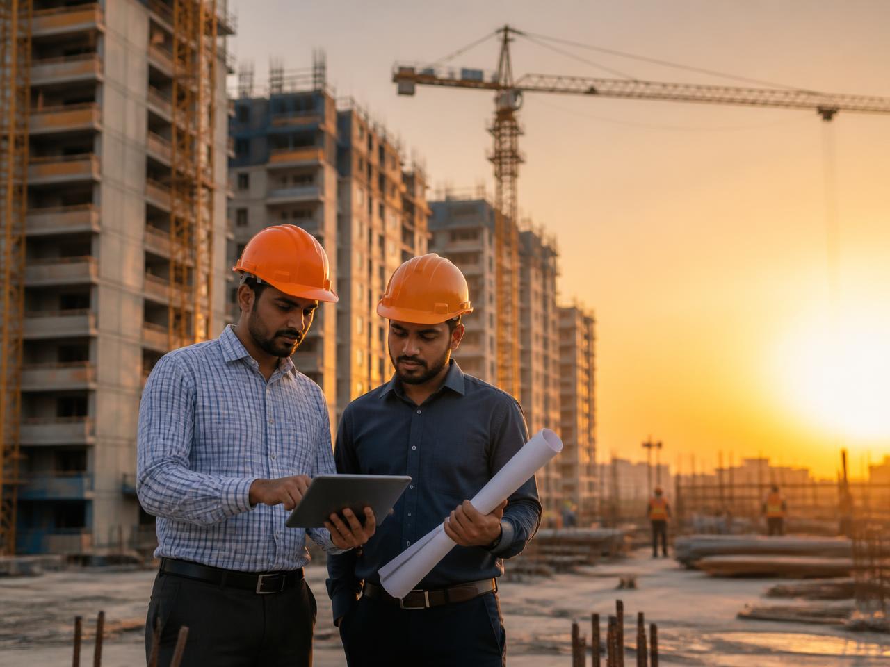 Site engineers in orange safety helmets reviewing construction plans on a tablet at an apartment project
